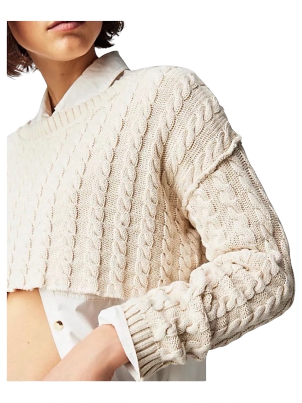 Free People Tuesday Cable Crop Sweater Cream 100% Cotton Size XS